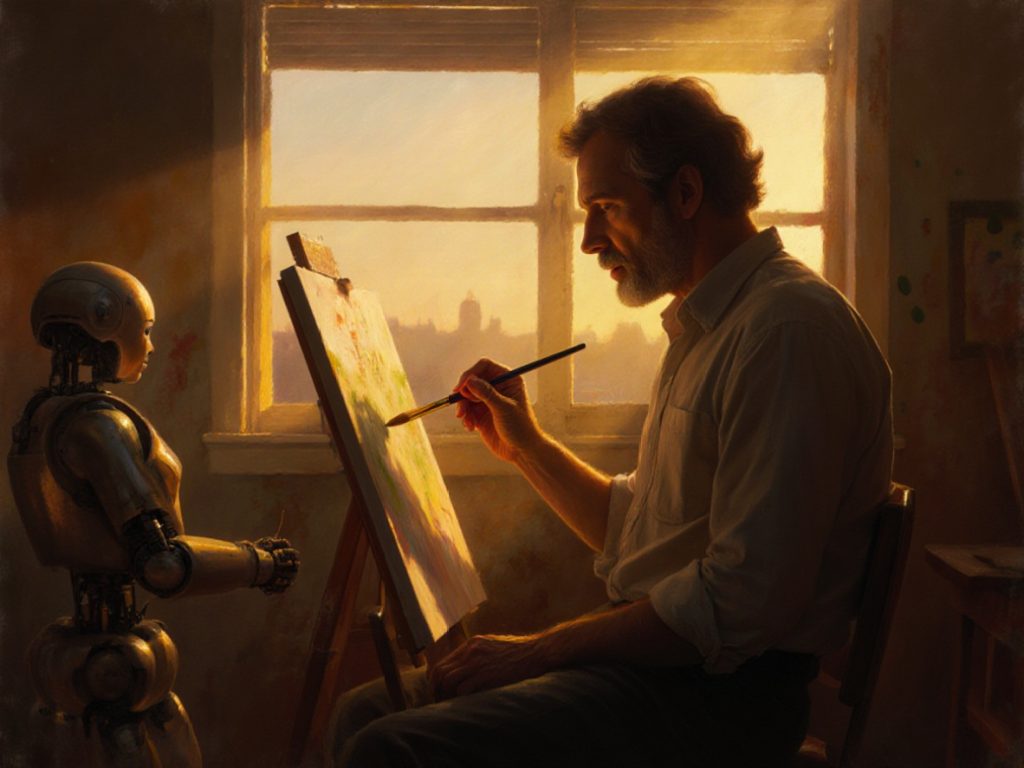 The Melancholy of the Machine Muse robot painter facing 01